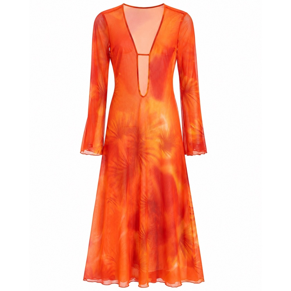 NWT Caroline Constas Mesh Maxi Dress Orange Yellow Floral Bell Sleeve XS